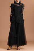 yvette black Long Sleeve Folds Lace Butterfly Top And Skirt Two-Piece Set Avalabel