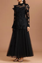 yvette black Long Sleeve Folds Lace Butterfly Top And Skirt Two-Piece Set Avalabel