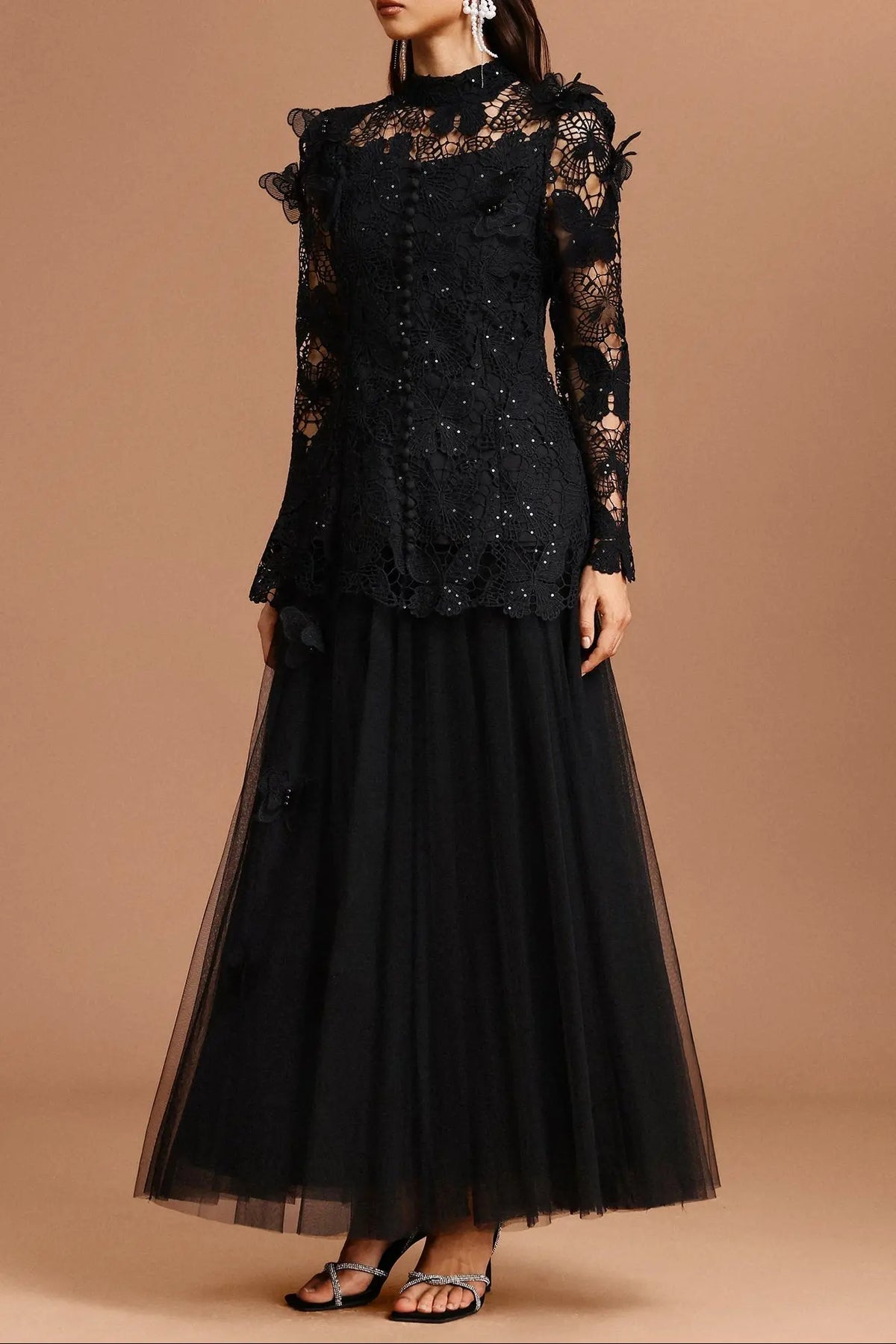 yvette black Long Sleeve Folds Lace Butterfly Top And Skirt Two-Piece Set Avalabel