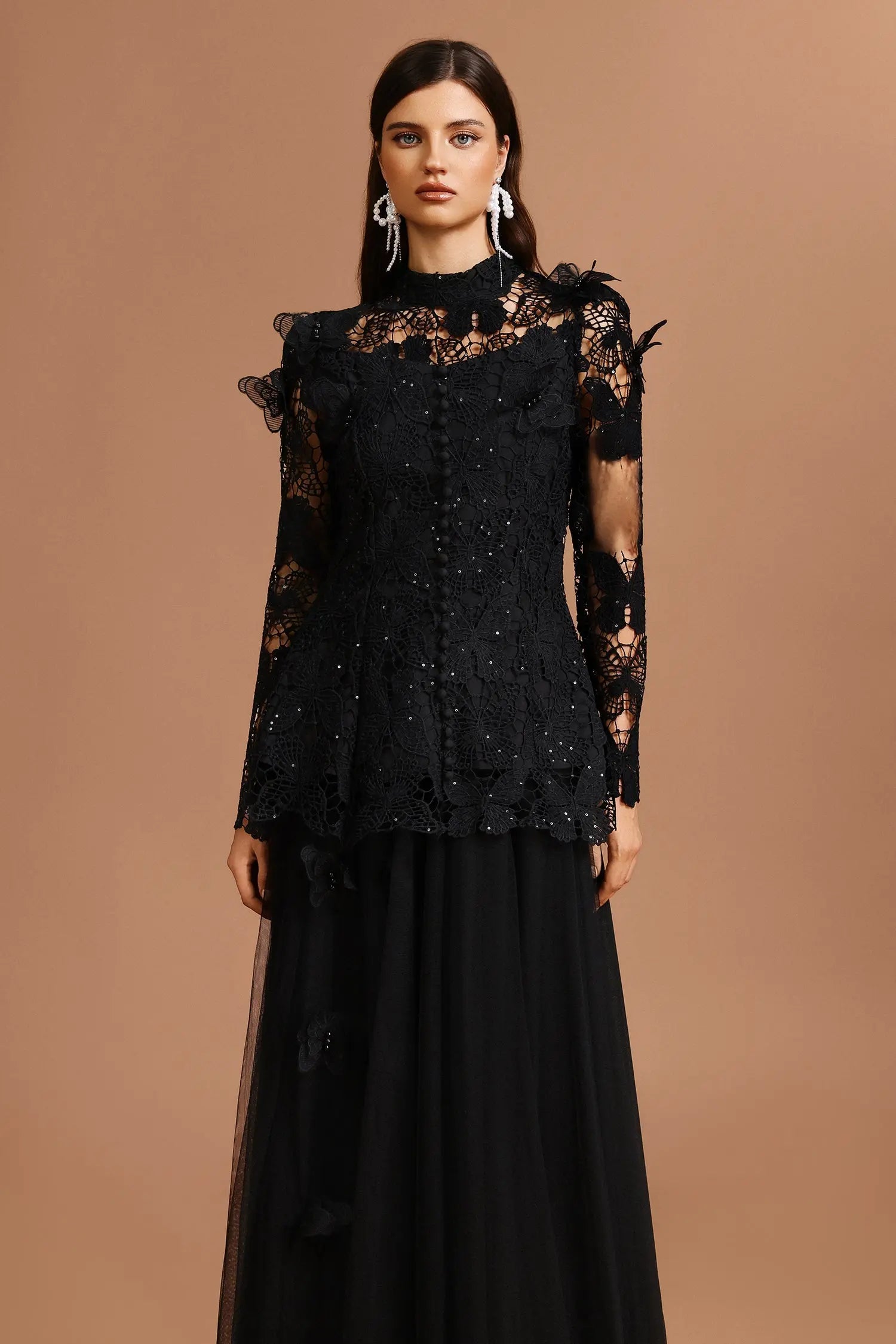 yvette black Long Sleeve Folds Lace Butterfly Top And Skirt Two-Piece Set Avalabel