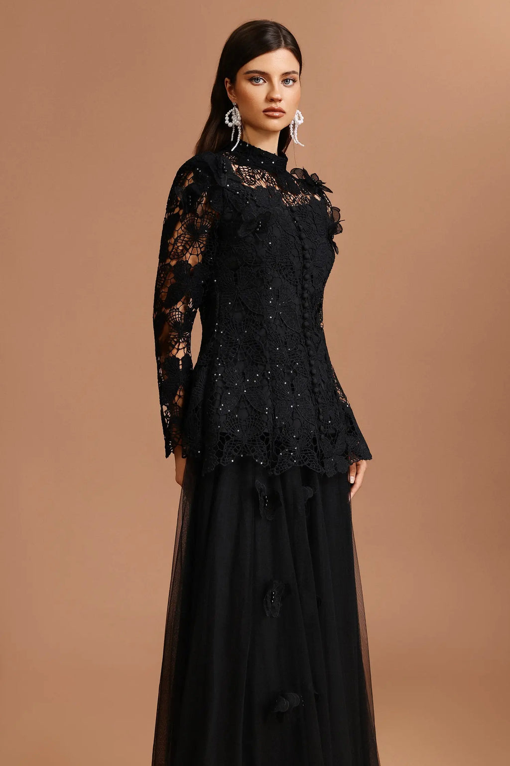 yvette black Long Sleeve Folds Lace Butterfly Top And Skirt Two-Piece Set Avalabel