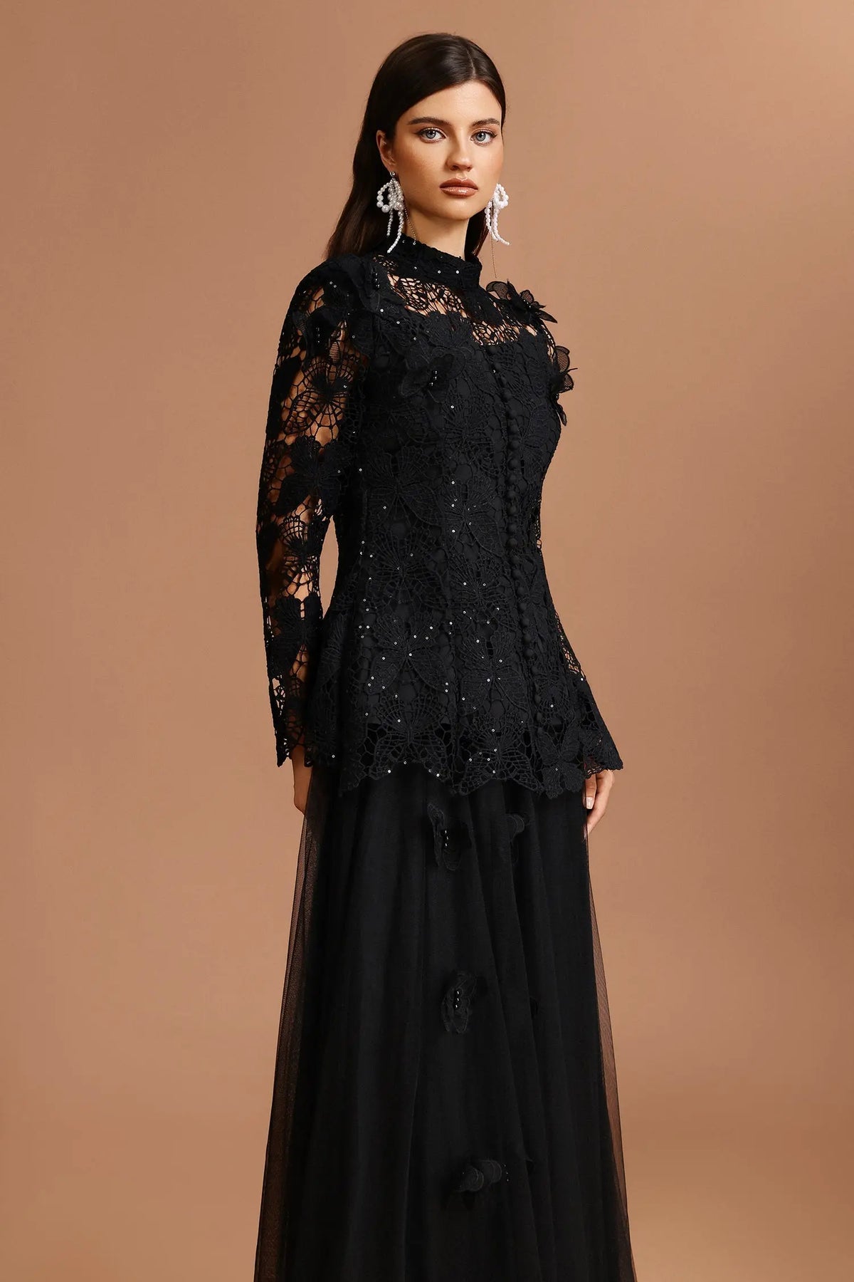 yvette black Long Sleeve Folds Lace Butterfly Top And Skirt Two-Piece Set Avalabel