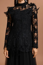 yvette black Long Sleeve Folds Lace Butterfly Top And Skirt Two-Piece Set Avalabel