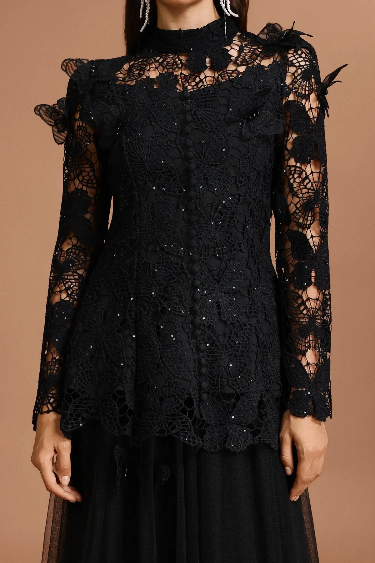 yvette black Long Sleeve Folds Lace Butterfly Top And Skirt Two-Piece Set Avalabel