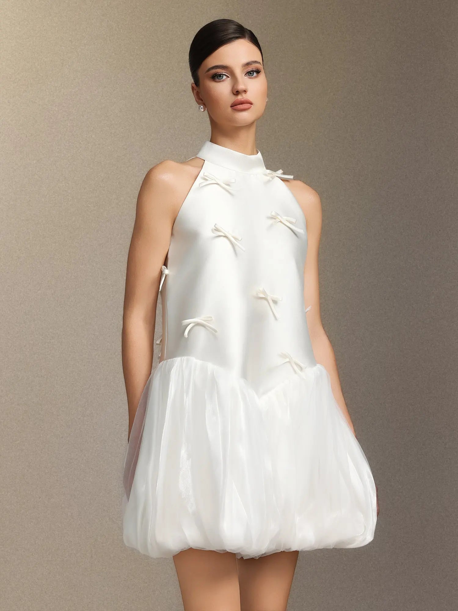 jessie white Strapless satin sleeveless puffy mini dress Avalabel