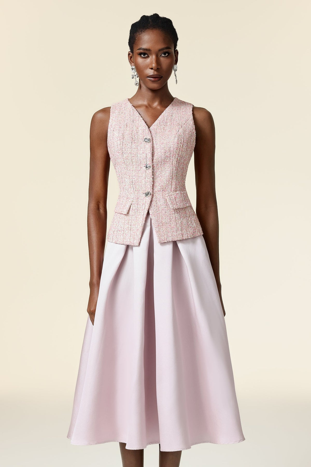 Ella pink V-Neck Sleeveless Top & Skirt Two-Piece Set Avalabel