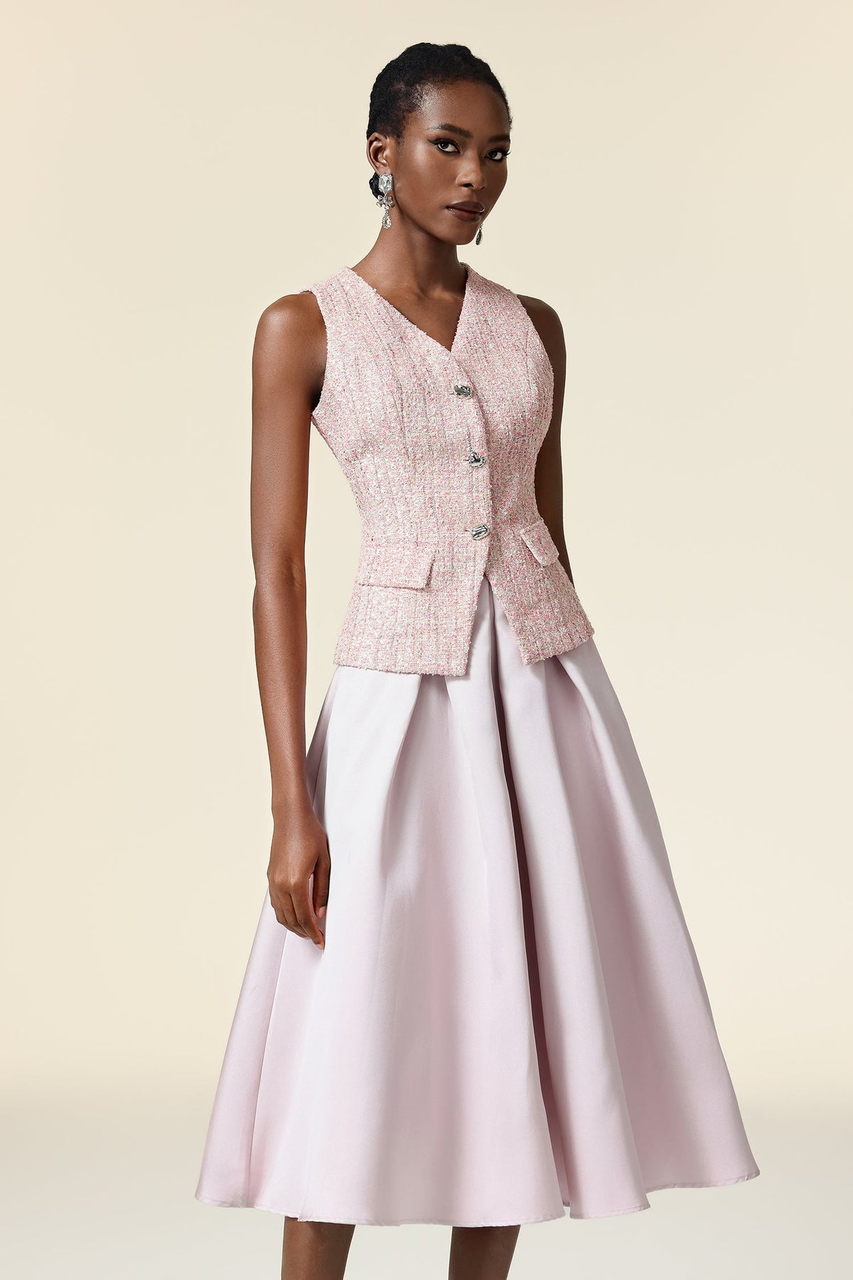 Ella pink V-Neck Sleeveless Top & Skirt Two-Piece Set Avalabel