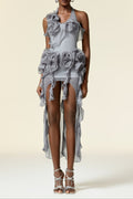Melissa Grey Flower Asymmetric Folds Streame Mini Dress Avalabel