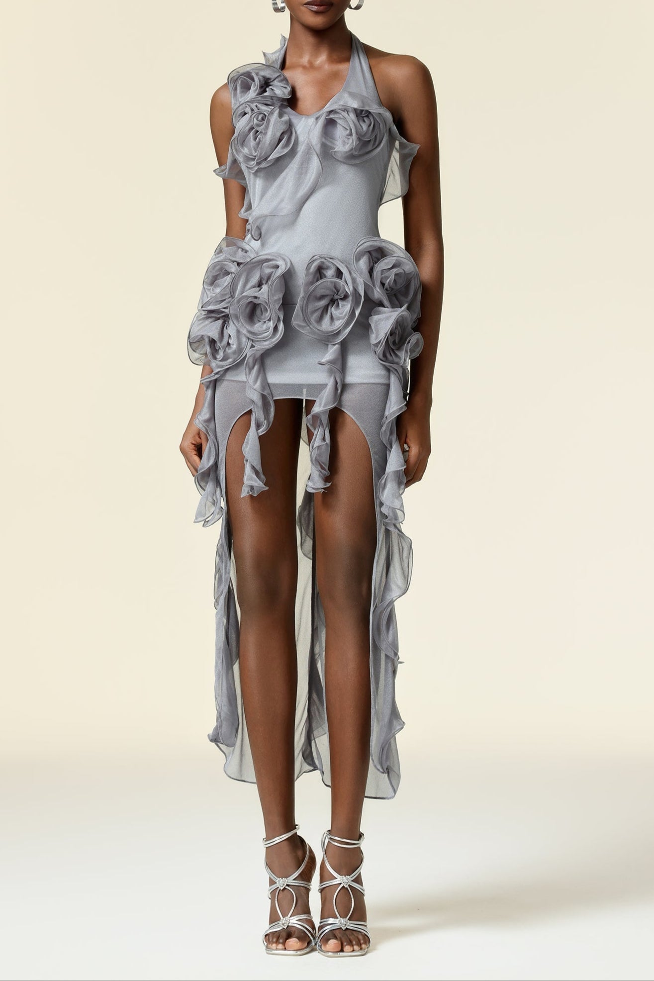 Melissa Grey Flower Asymmetric Folds Streame Mini Dress Avalabel