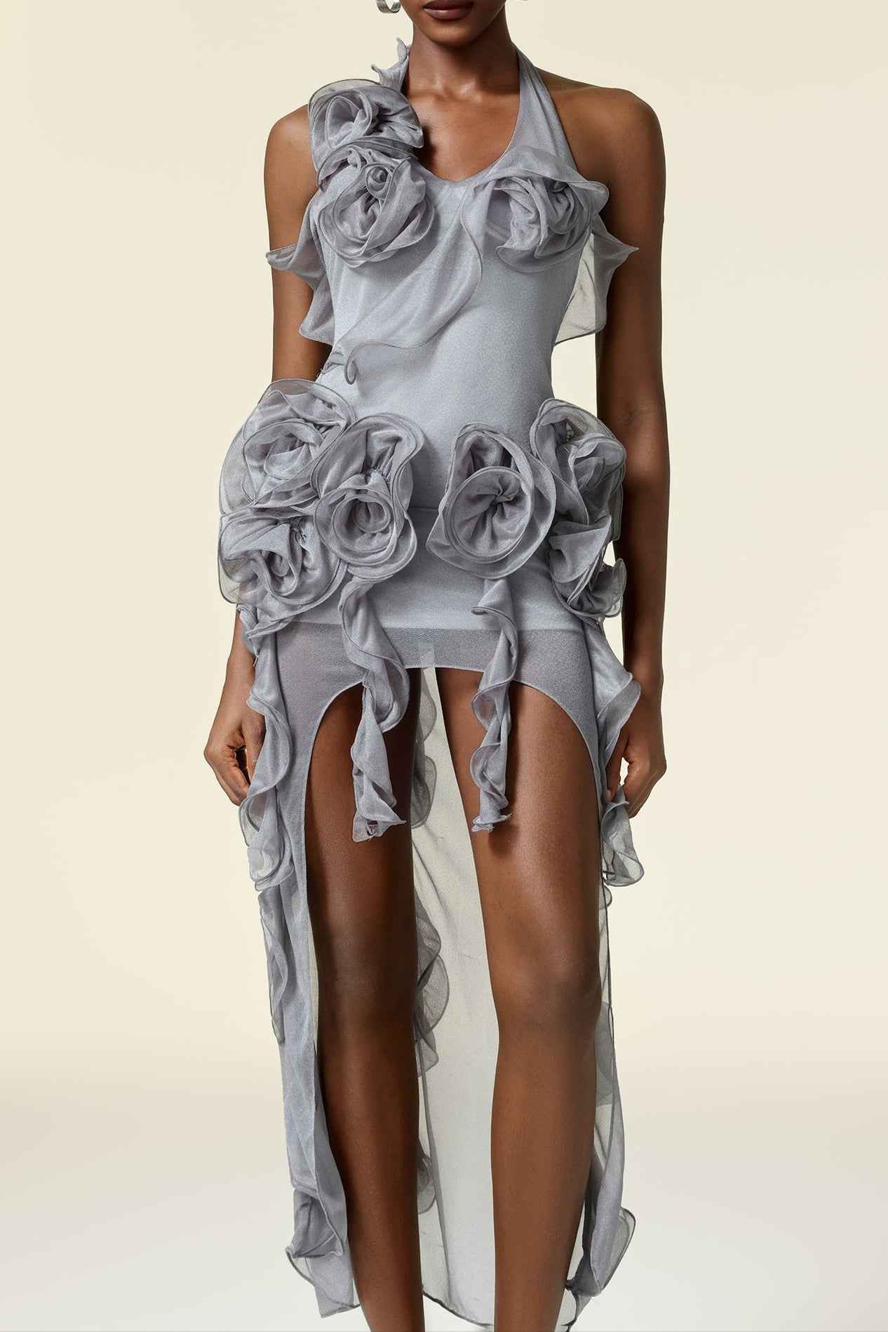 Melissa Grey Flower Asymmetric Folds Streame Mini Dress Avalabel