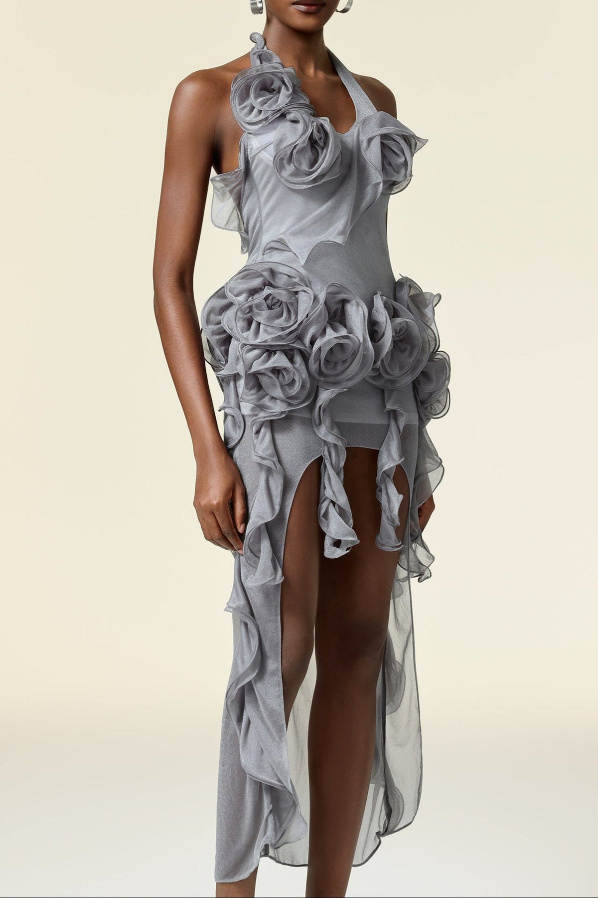 Melissa Grey Flower Asymmetric Folds Streame Mini Dress Avalabel