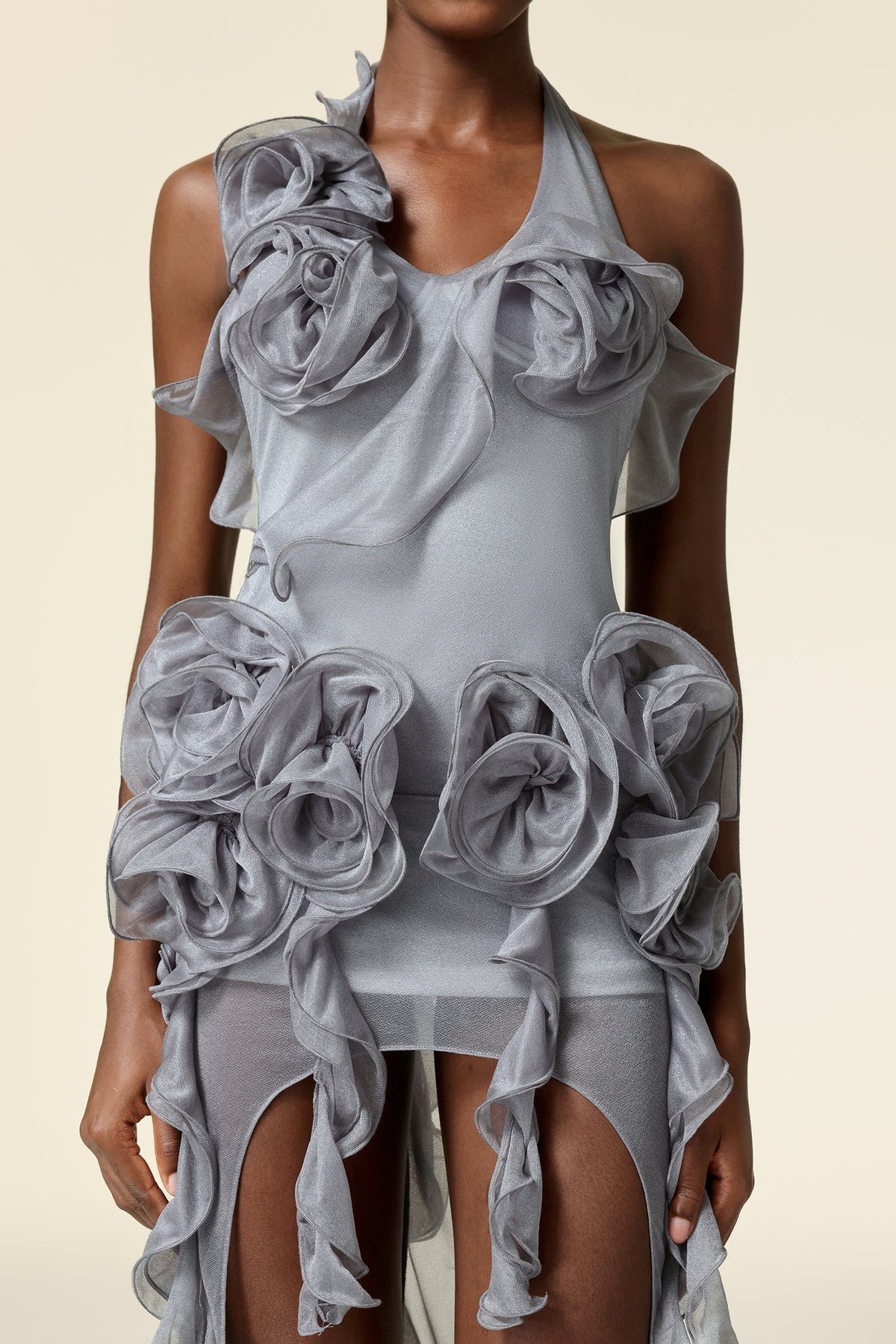 Melissa Grey Flower Asymmetric Folds Streame Mini Dress Avalabel