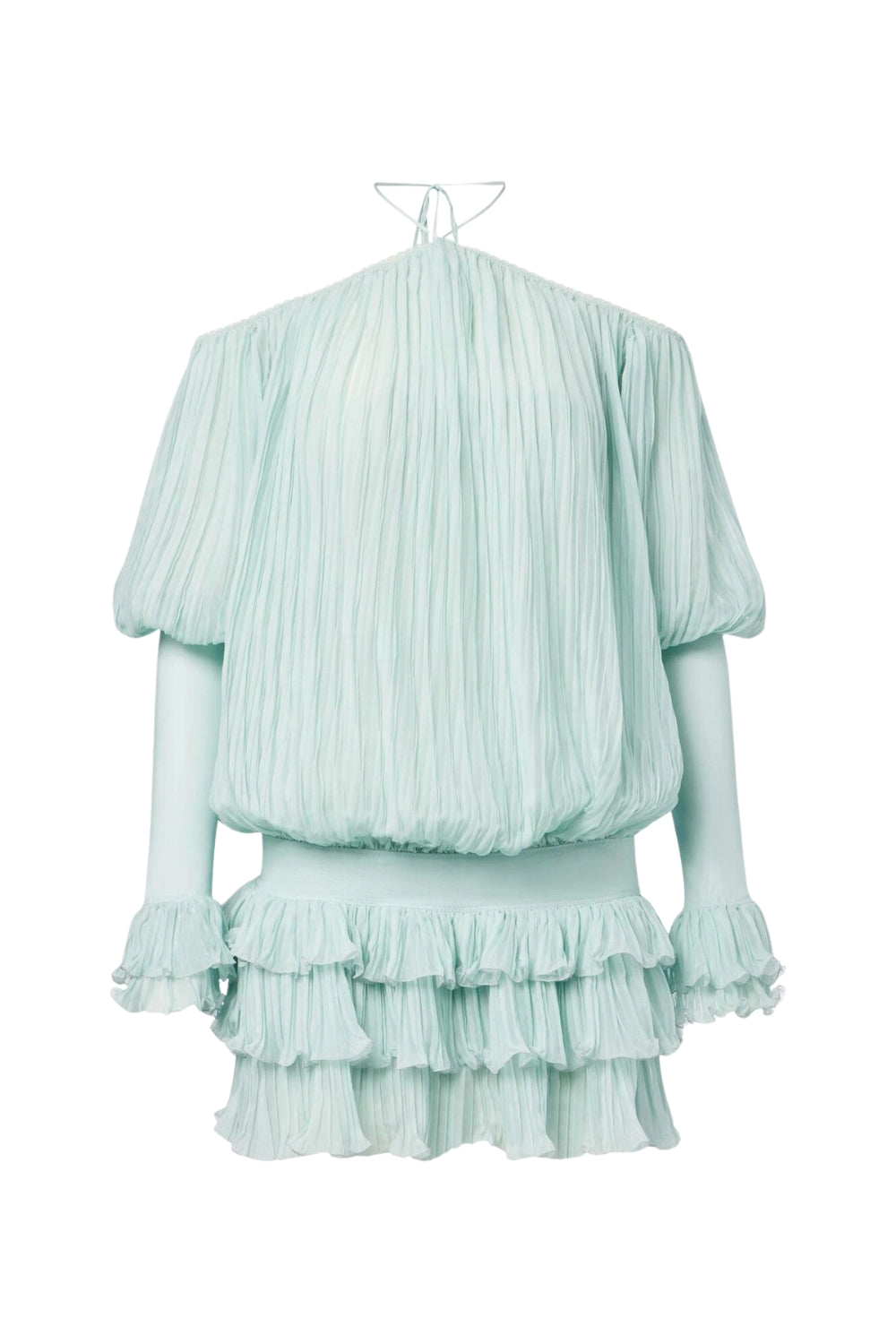 Halter Pleated Ruffle Mini Dress in Green Avalabel