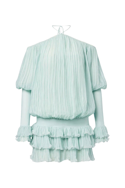 Halter Pleated Ruffle Mini Dress in Green