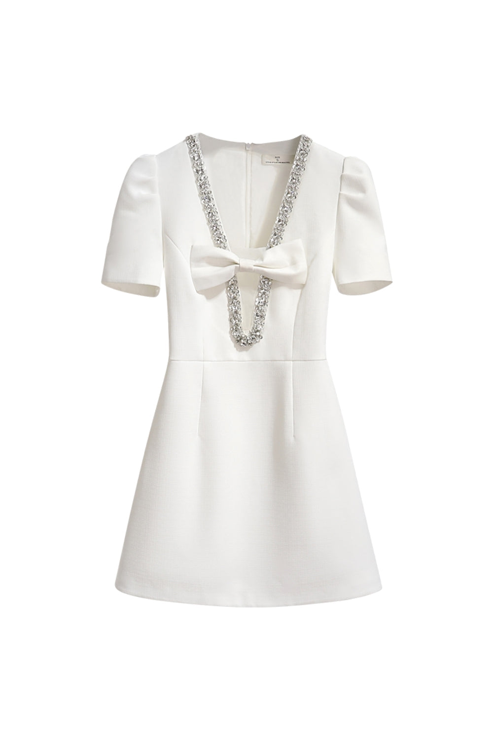 V-Neck Diamond Chain Bow Mini Dress in Ivory Avalabel
