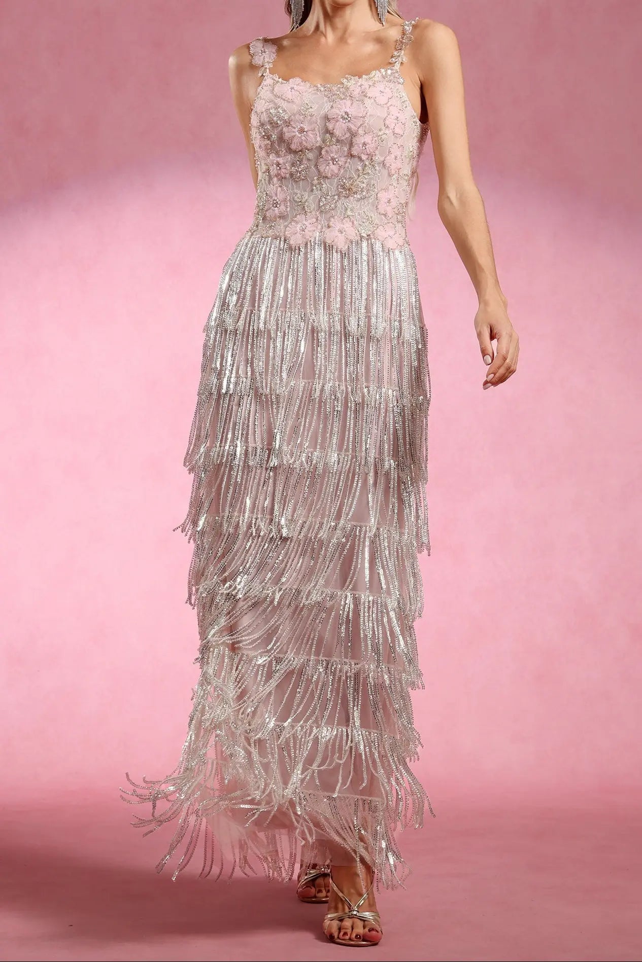 Opala Sleeveless Flowers Diamond Tassels Maxi Dress Avalabel