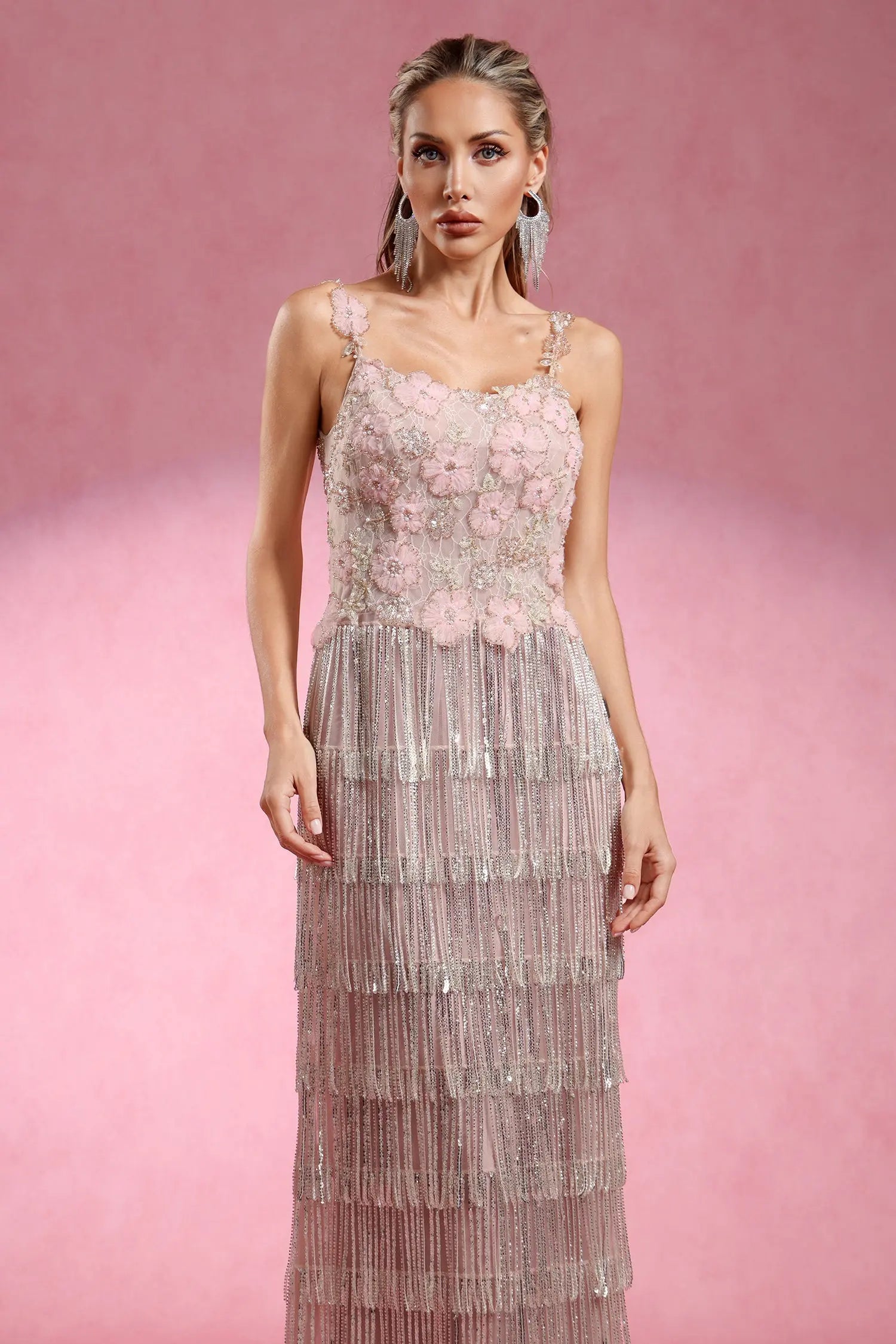 Opala Sleeveless Flowers Diamond Tassels Maxi Dress Avalabel