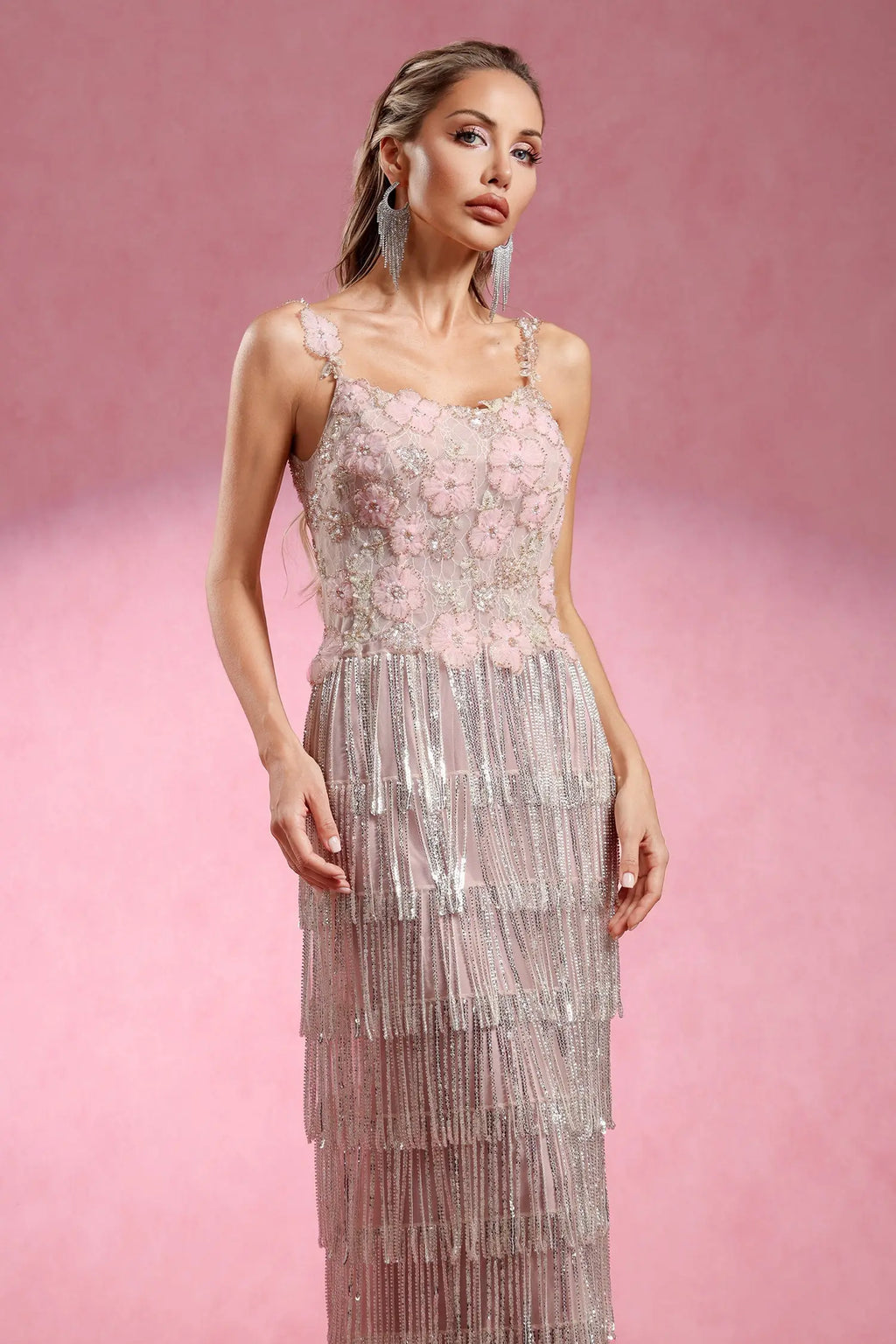 Opala Sleeveless Flowers Diamond Tassels Maxi Dress Avalabel