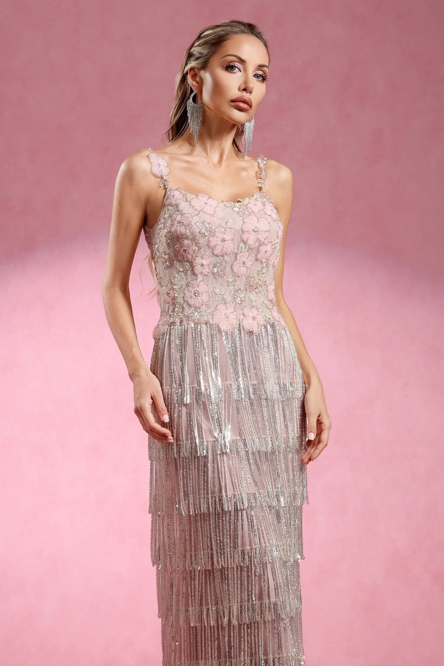 Opala Sleeveless Flowers Diamond Tassels Maxi Dress Avalabel