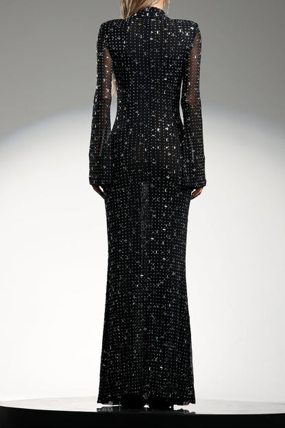 Gilian Long Sleeves High Neck Diamond Maxi Dress