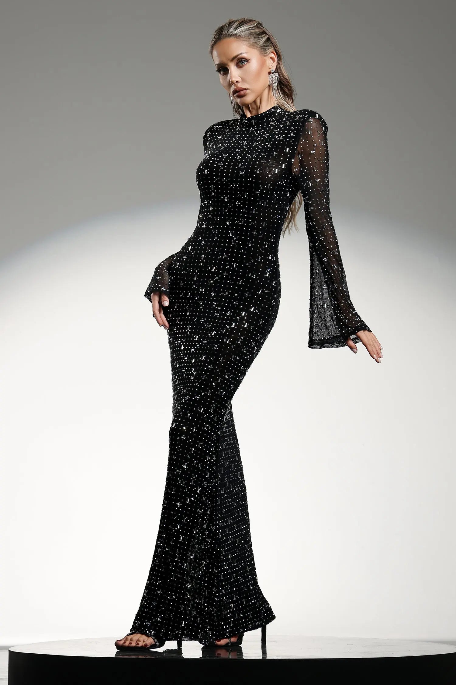 Gilian Long Sleeves High Neck Diamond Maxi Dress Avalabel