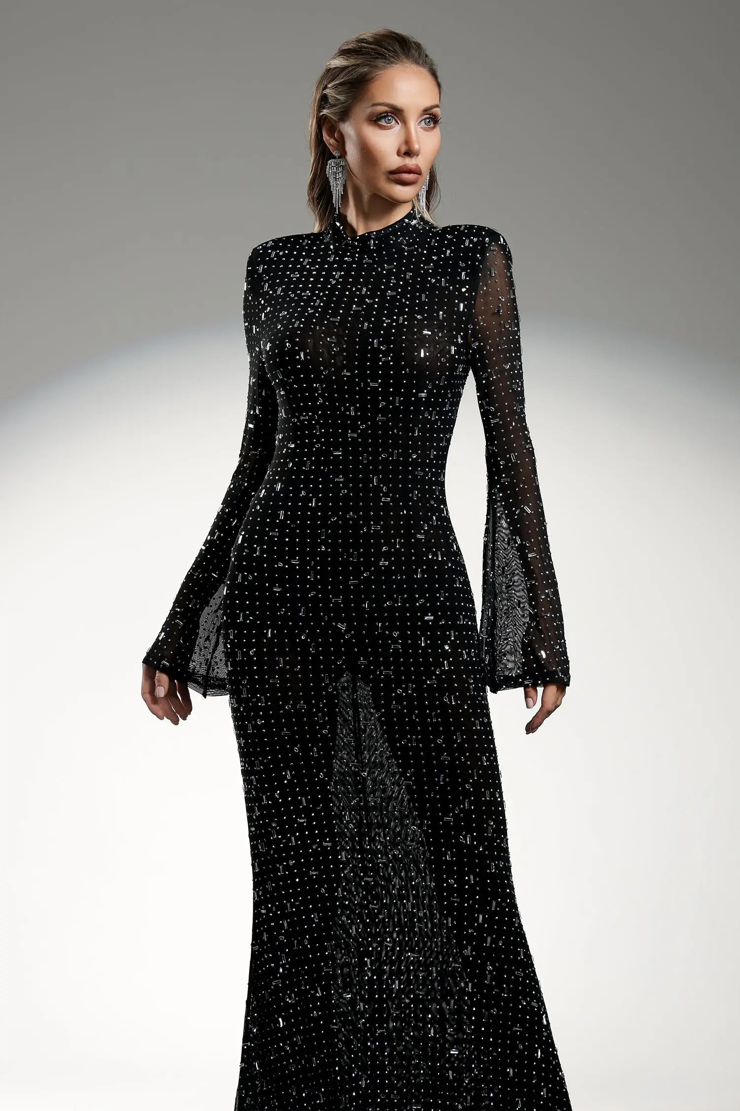 Gilian Long Sleeves High Neck Diamond Maxi Dress Avalabel