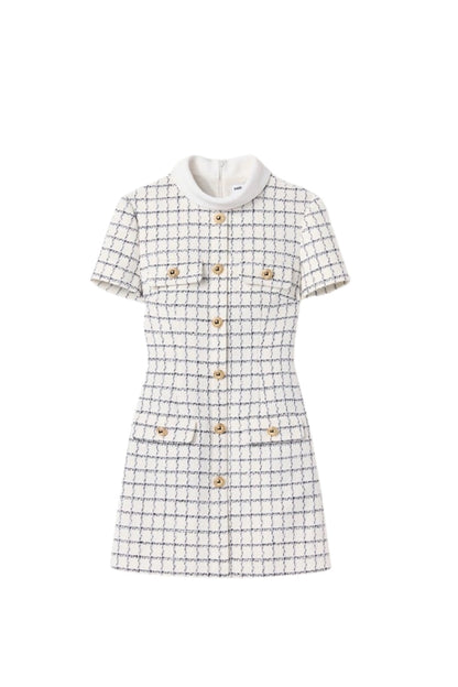 Decorative Buttons Check Mini Dress in White