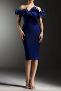 alisa Off-Shoulder Flounce Bandage Blue Midi Dress Avalabel