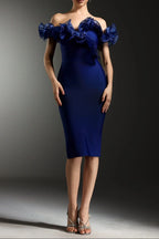 alisa Off-Shoulder Flounce Bandage Blue Midi Dress Avalabel