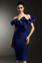 alisa Off-Shoulder Flounce Bandage Blue Midi Dress Avalabel