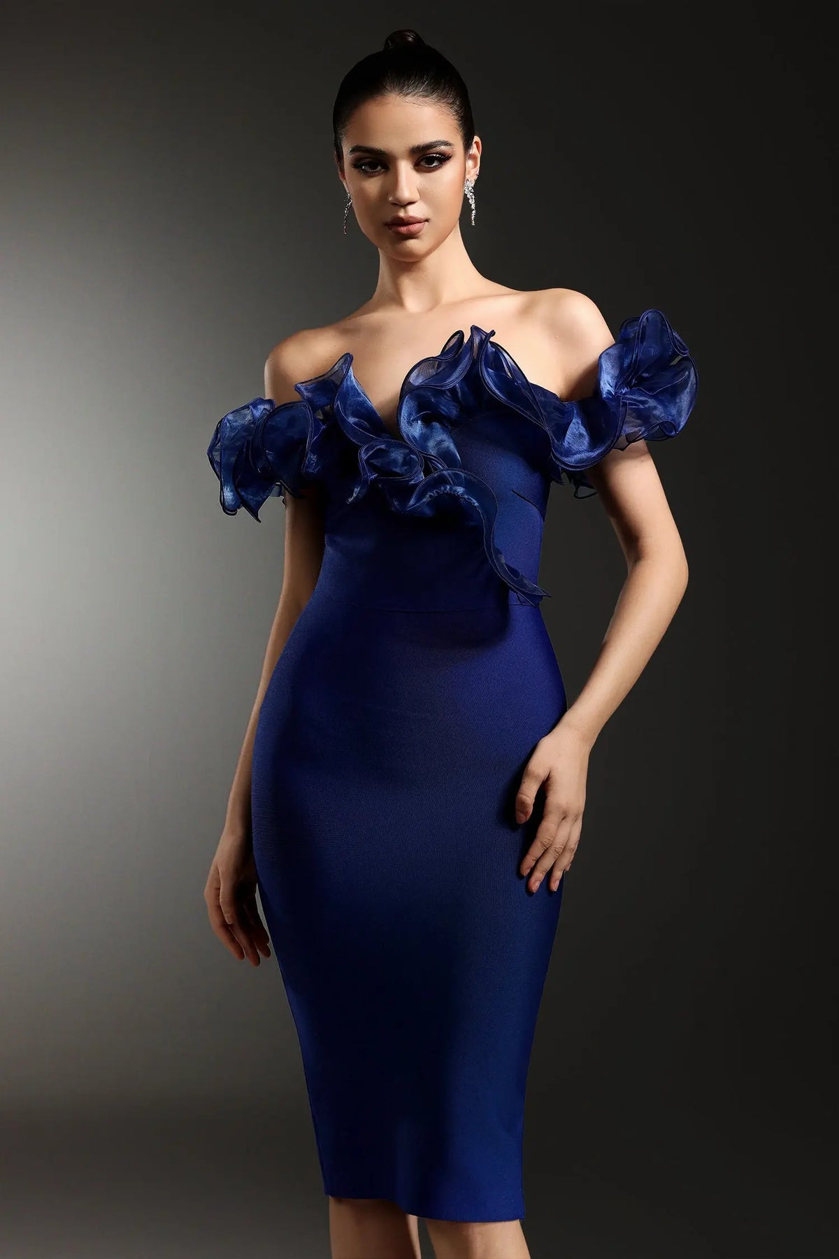 alisa Off-Shoulder Flounce Bandage Blue Midi Dress Avalabel
