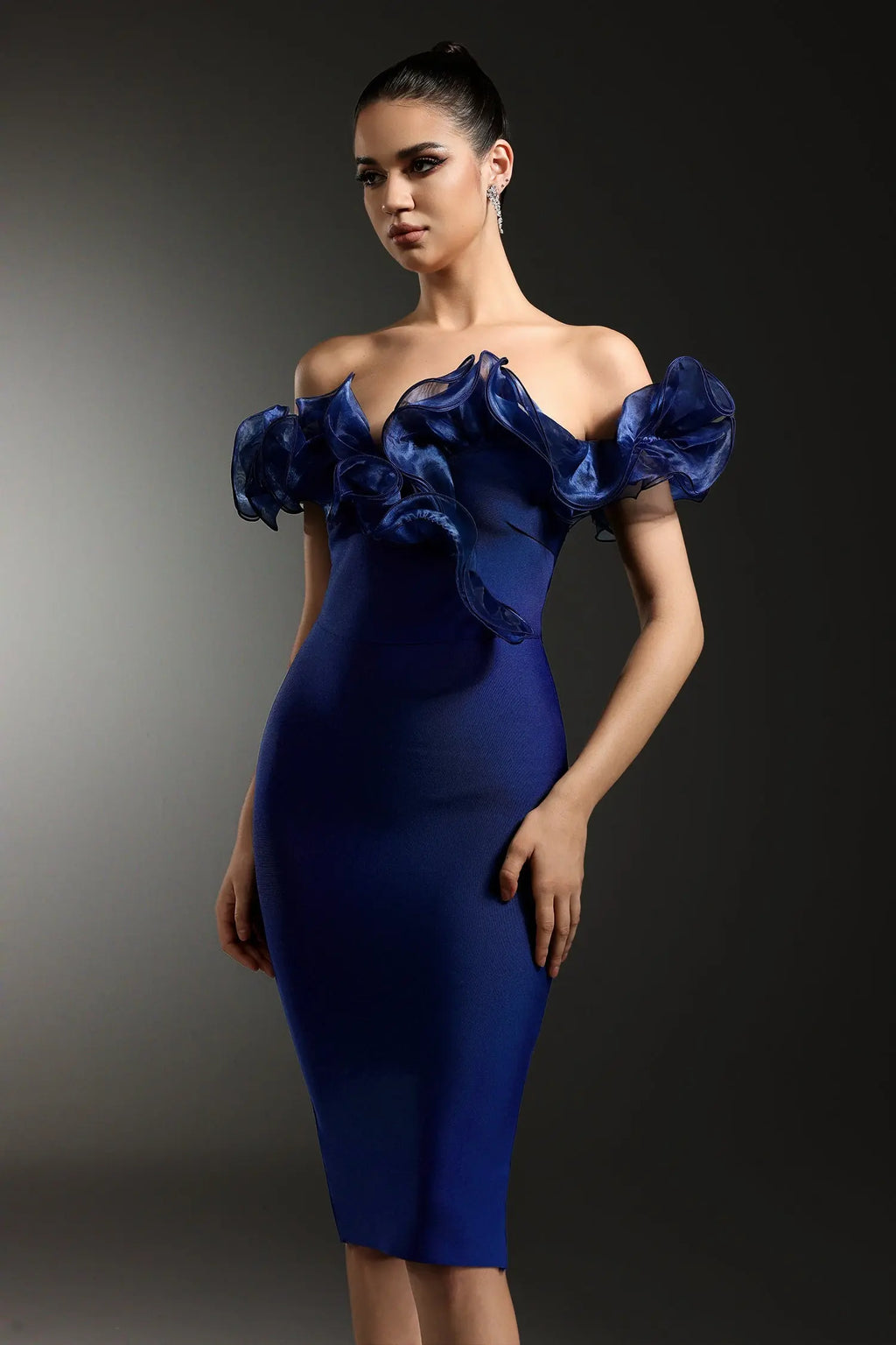 alisa Off-Shoulder Flounce Bandage Blue Midi Dress Avalabel