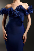alisa Off-Shoulder Flounce Bandage Blue Midi Dress Avalabel
