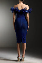 alisa Off-Shoulder Flounce Bandage Blue Midi Dress Avalabel
