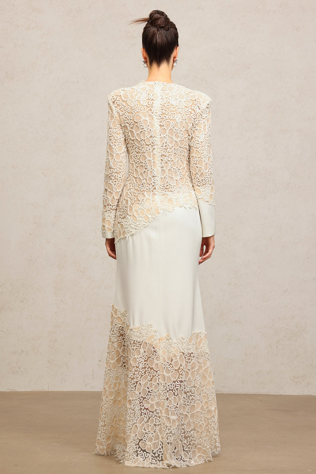 Jacqueline Beige lace Embroidered long sleeve Maxi Dress Avalabel