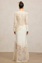 Jacqueline Beige lace Embroidered long sleeve Maxi Dress Avalabel