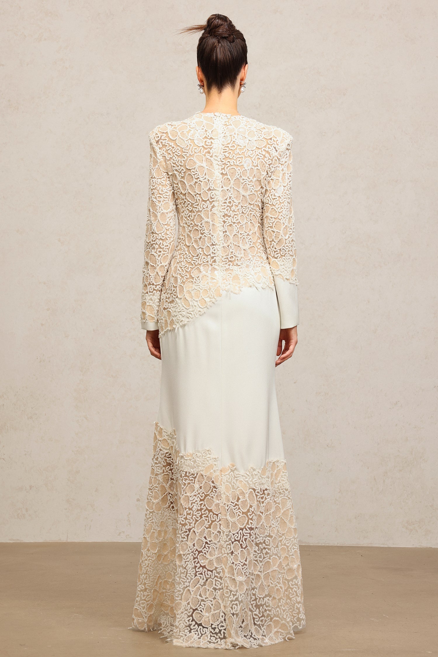 Jacqueline Beige lace Embroidered long sleeve Maxi Dress Avalabel