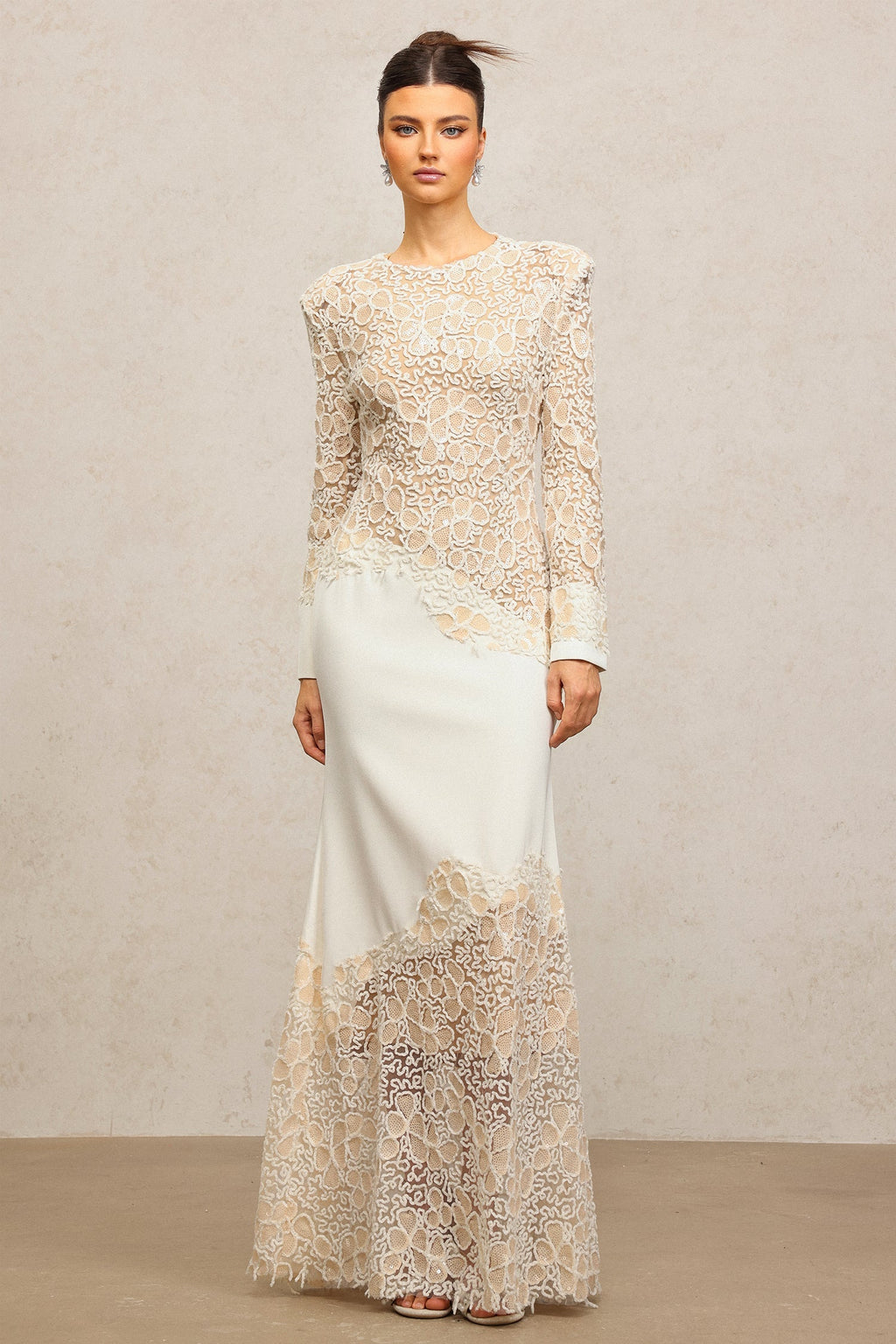 Jacqueline Beige lace Embroidered long sleeve Maxi Dress Avalabel