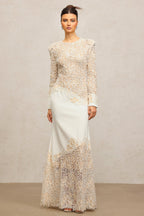 Jacqueline Beige lace Embroidered long sleeve Maxi Dress Avalabel