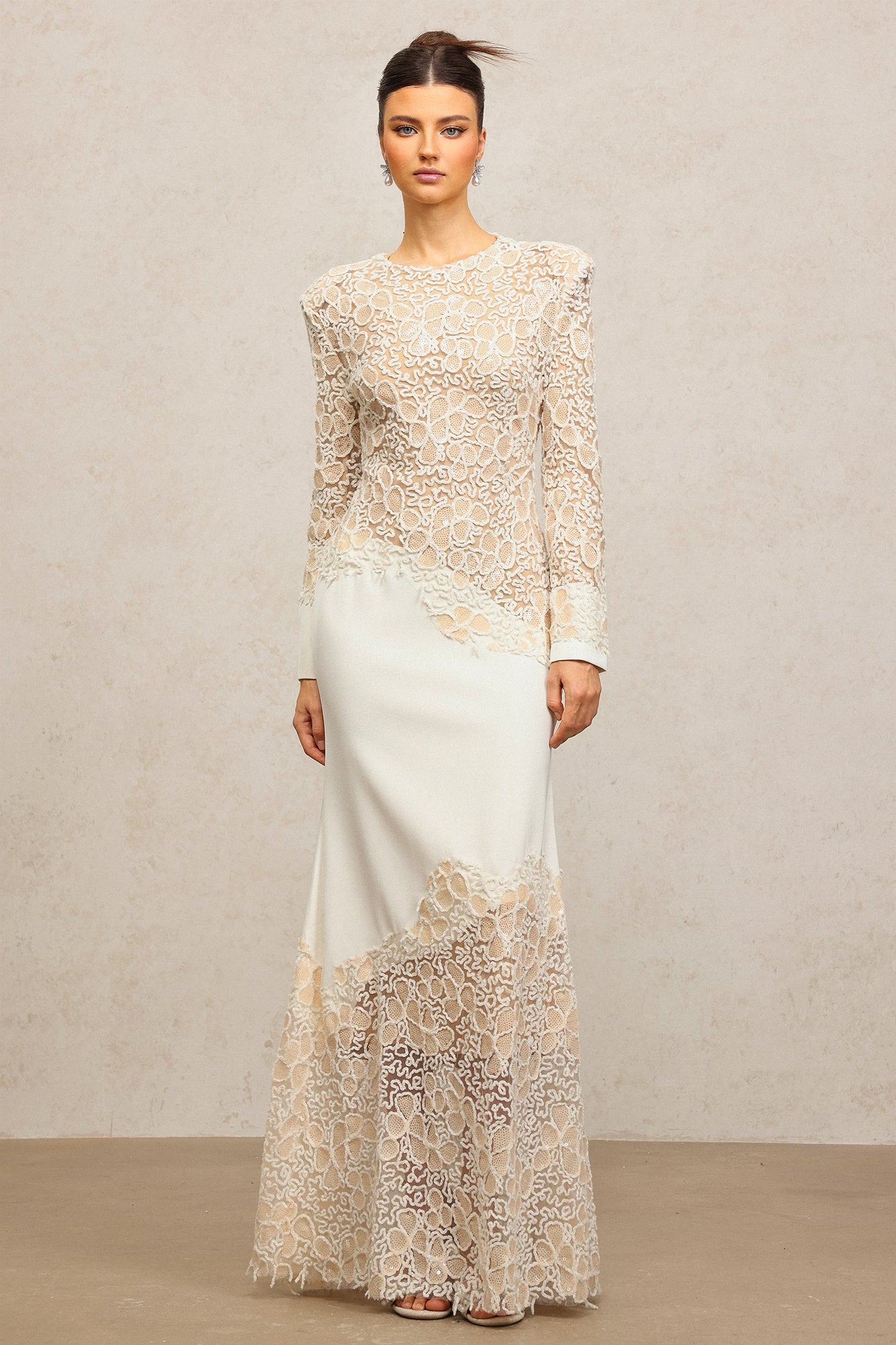 Jacqueline Beige lace Embroidered long sleeve Maxi Dress