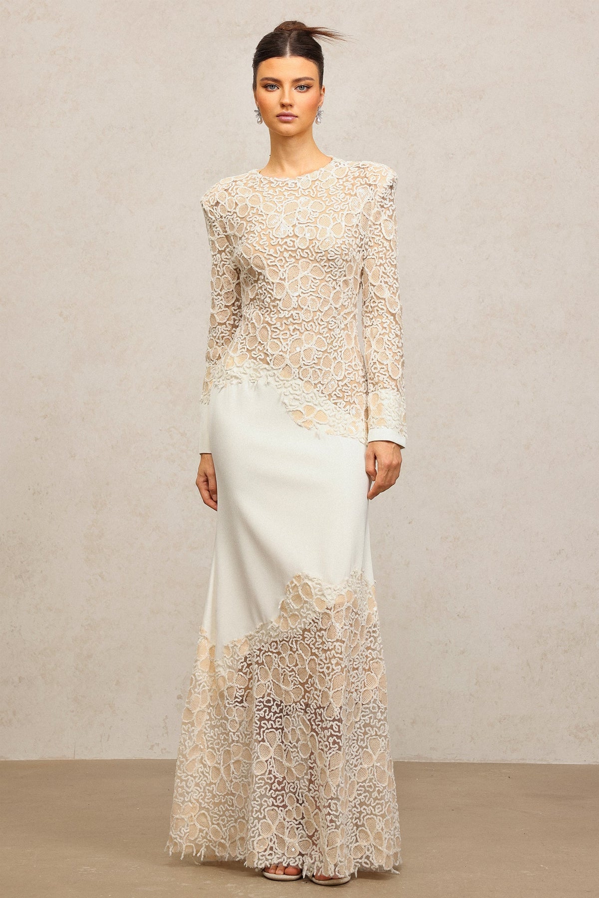 Jacqueline Beige lace Embroidered long sleeve Maxi Dress Avalabel