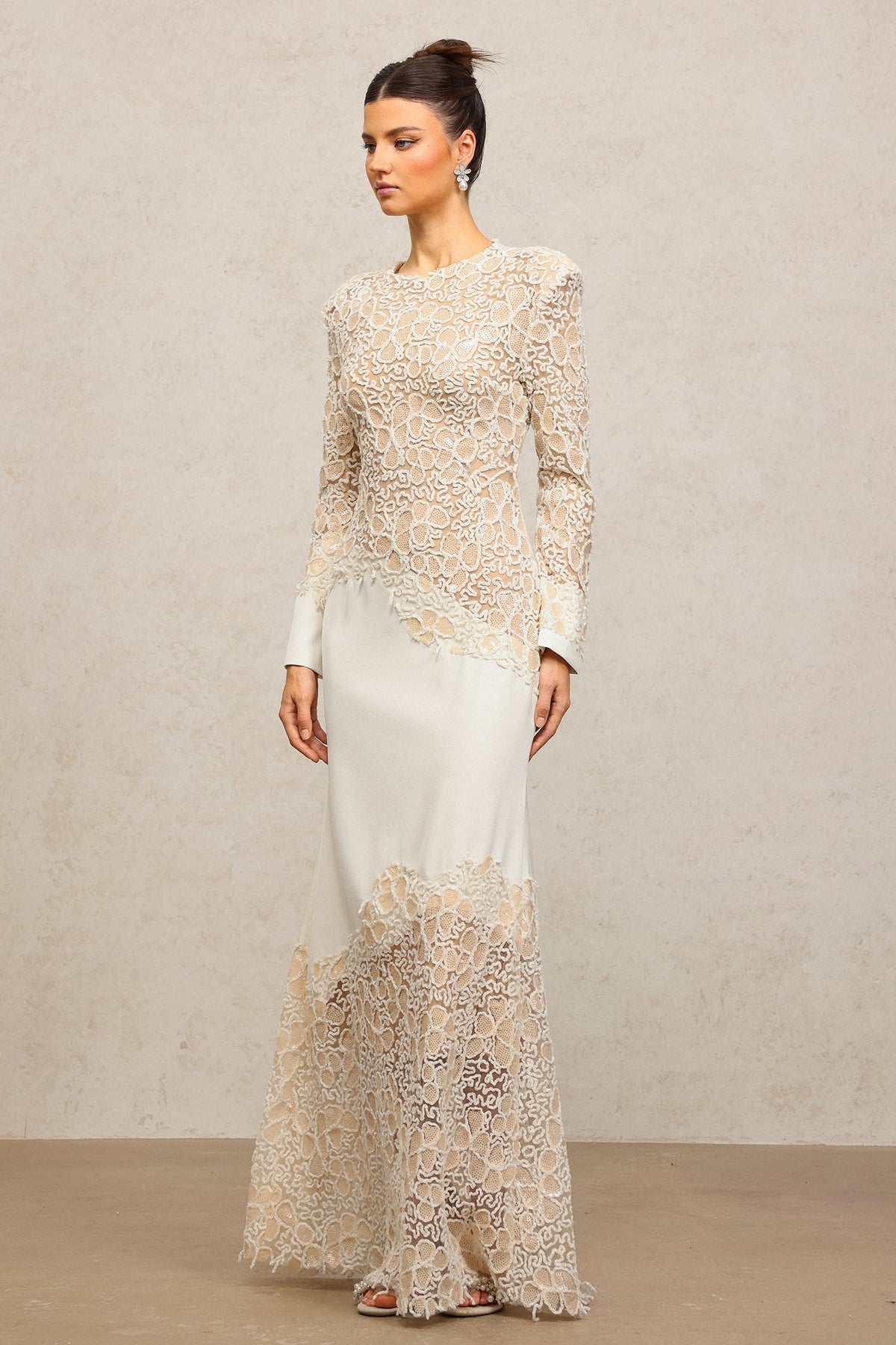 Jacqueline Beige lace Embroidered long sleeve Maxi Dress Avalabel