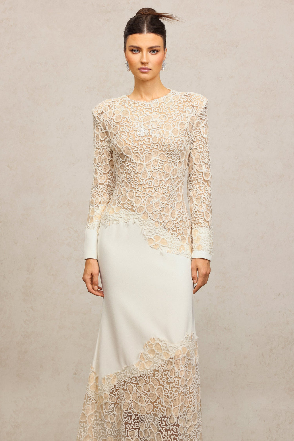 Jacqueline Beige lace Embroidered long sleeve Maxi Dress Avalabel