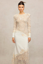 Jacqueline Beige lace Embroidered long sleeve Maxi Dress Avalabel
