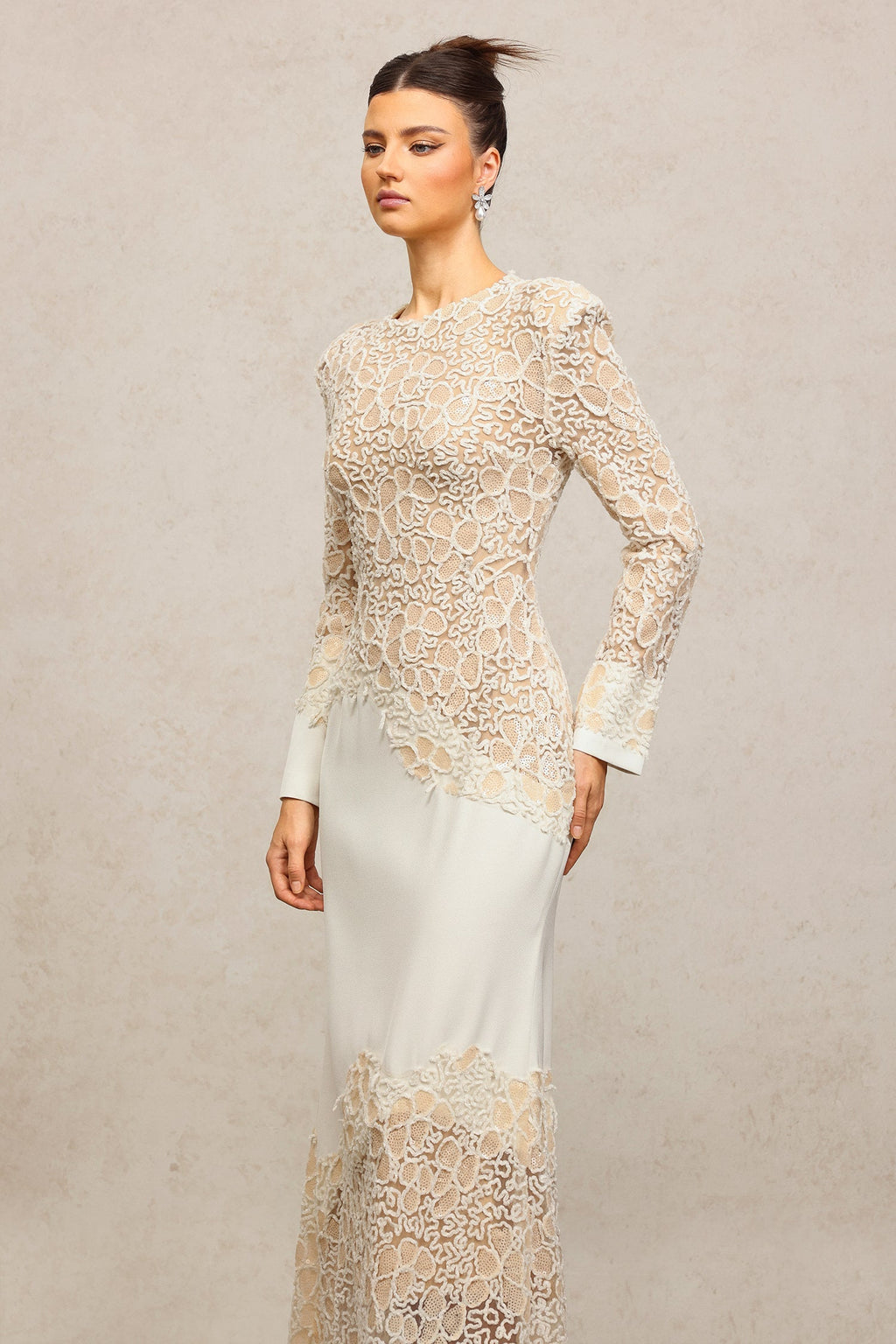 Jacqueline Beige lace Embroidered long sleeve Maxi Dress Avalabel