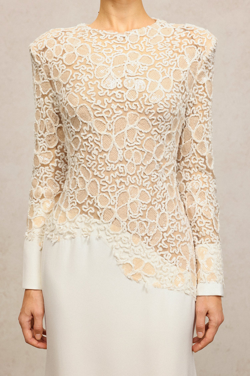 Jacqueline Beige lace Embroidered long sleeve Maxi Dress Avalabel
