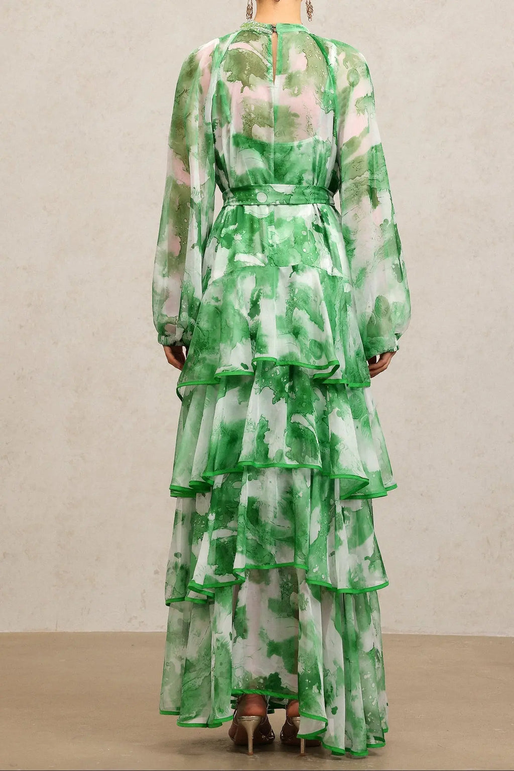 Jolie Round Neck Long Sleeves Floral Printed Folds Green Maxi Dress Avalabel