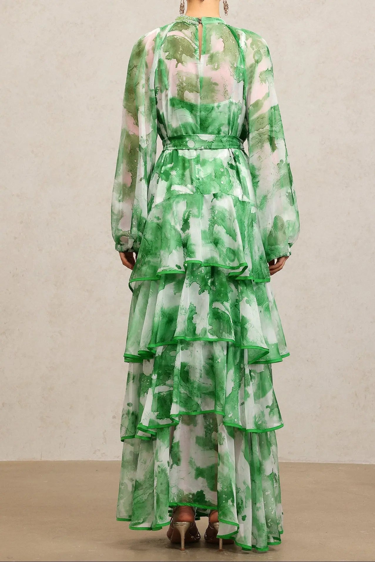 Jolie Round Neck Long Sleeves Floral Printed Folds Green Maxi Dress Avalabel