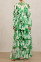 Jolie Round Neck Long Sleeves Floral Printed Folds Green Maxi Dress Avalabel
