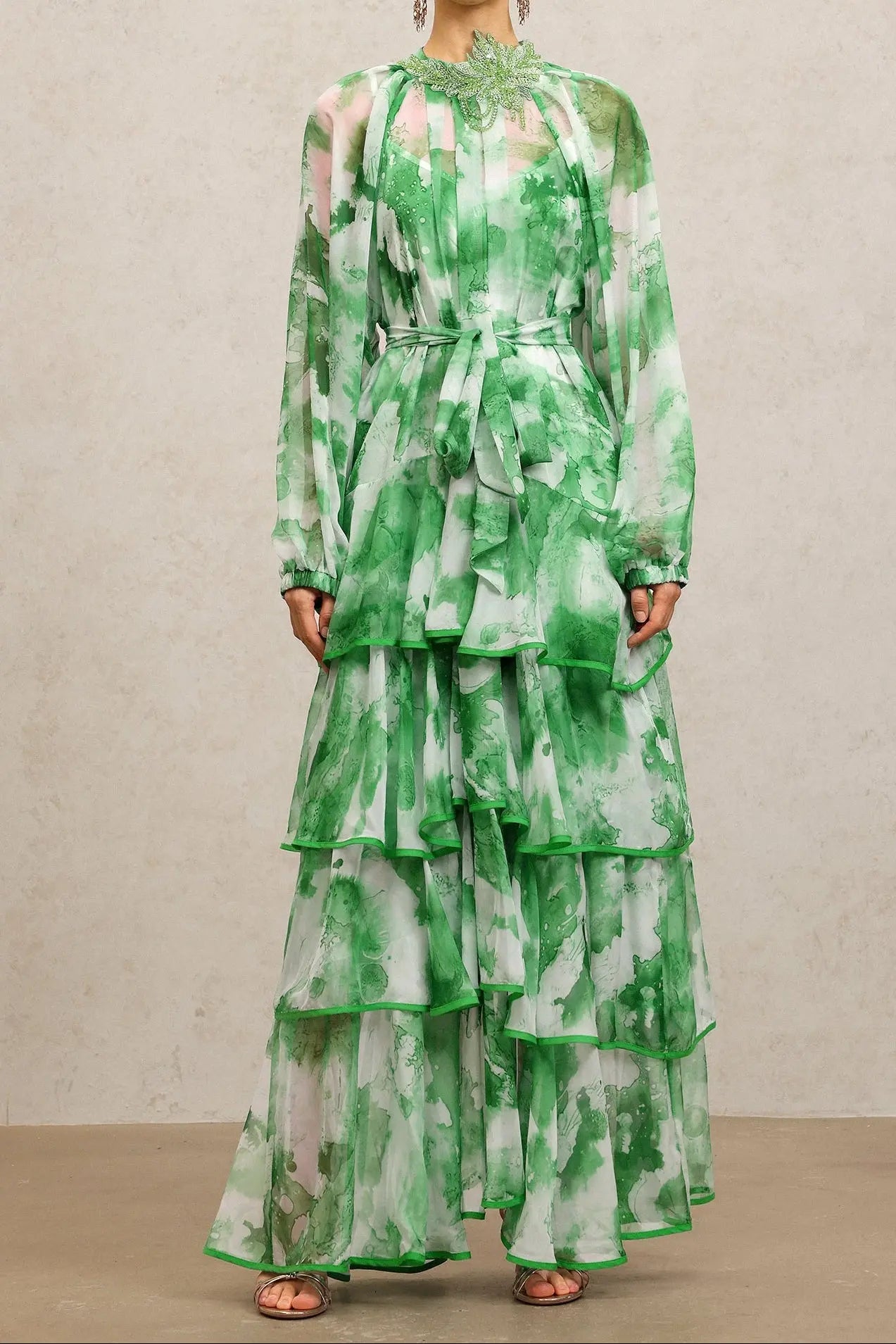 Jolie Round Neck Long Sleeves Floral Printed Folds Green Maxi Dress Avalabel